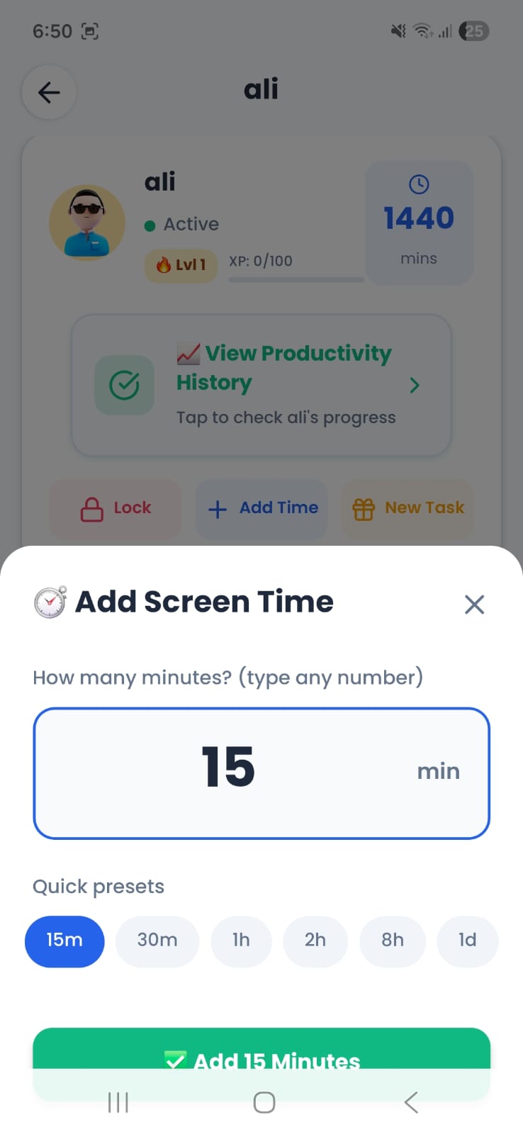 Parent setting time limits for specific applications